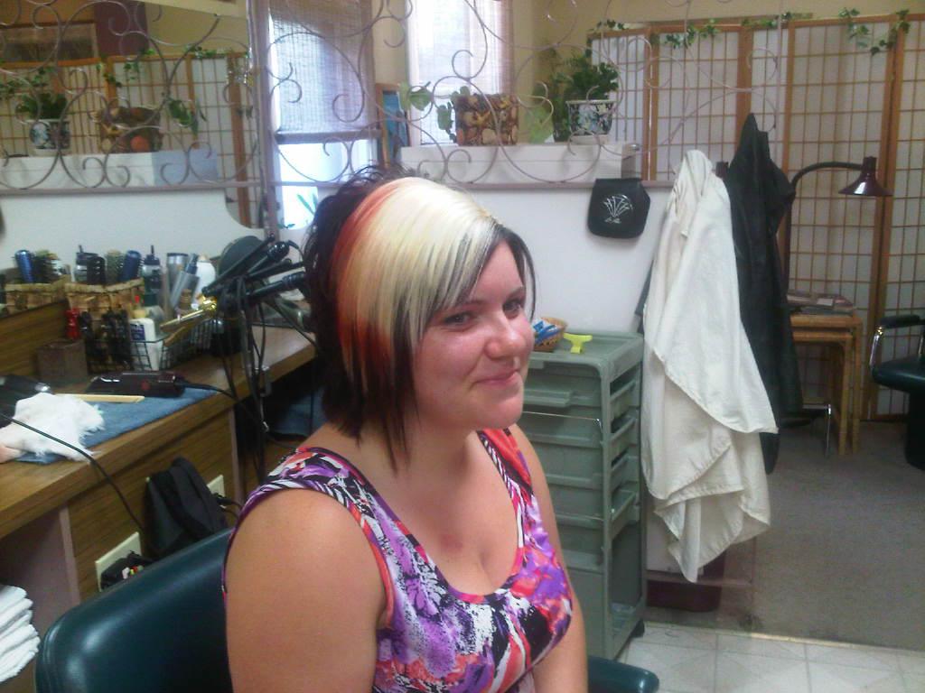 Dramatic two-tone black and blonde bob at McDonald's Hair Unlimited