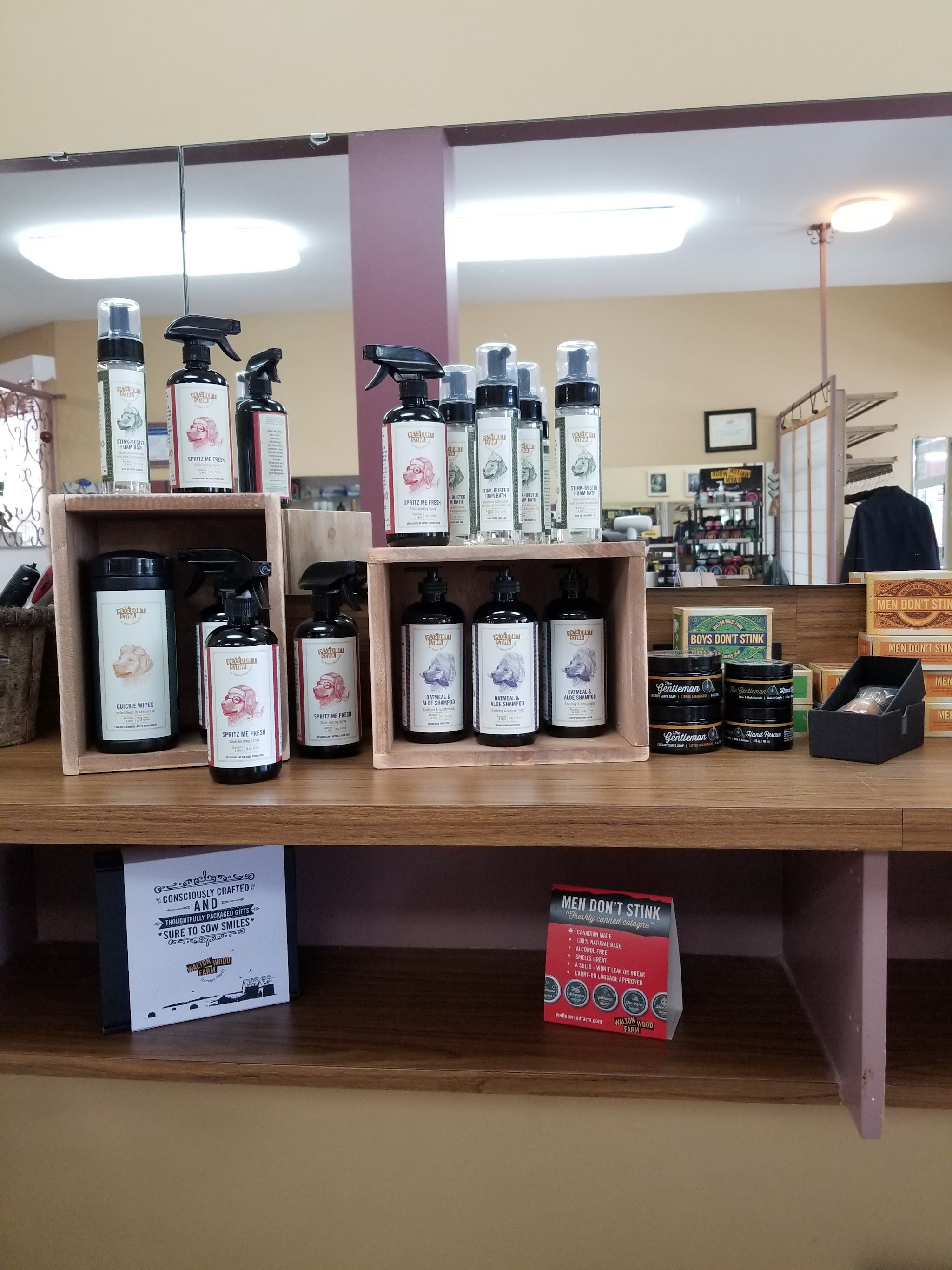 Product shelves beside the styling mirror station