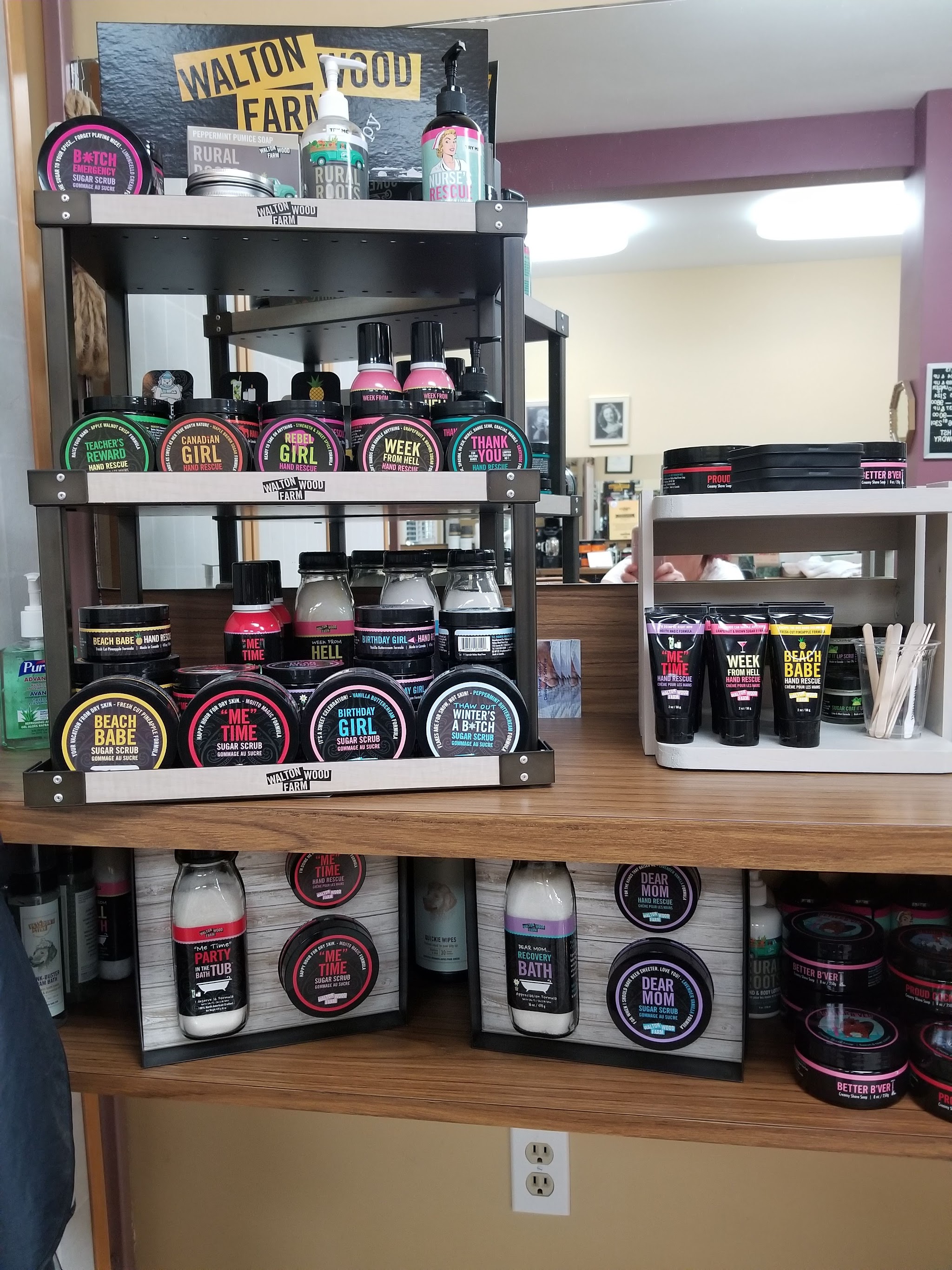 Walton Wood Farm 'Boys Don't Stink' retail display at the front of the salon